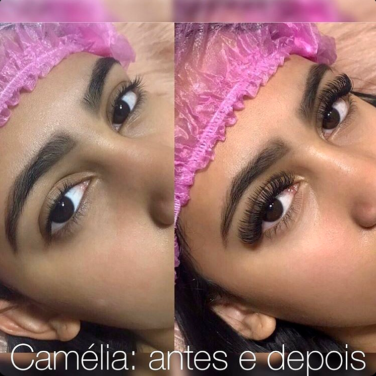 Antes e depois da extensão de cílios Camélia