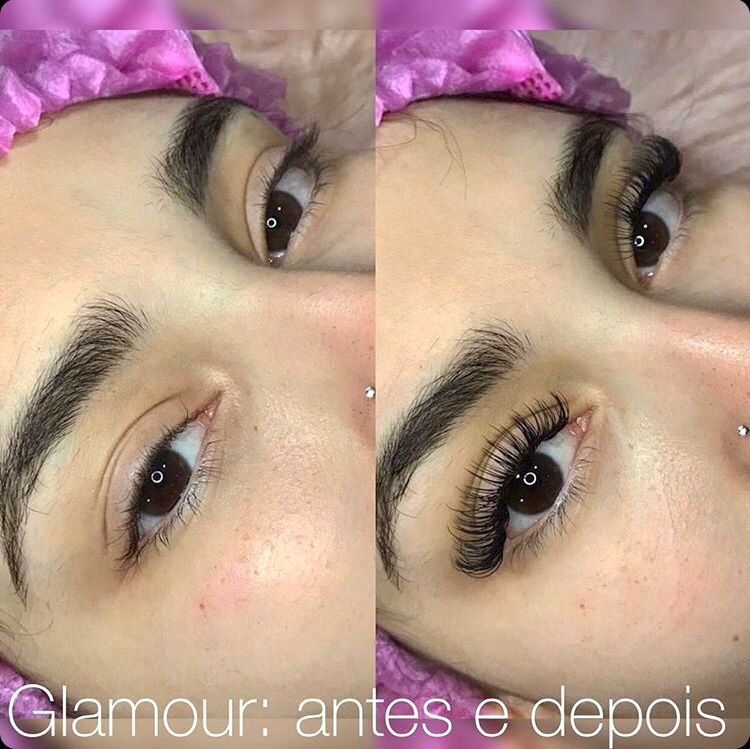 Antes e depois da extensão de cílios Glamour
